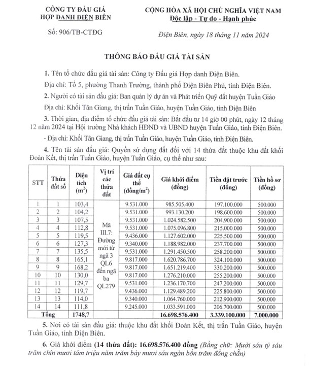 Thông báo đấu giá khu đất khối Đoàn Kết